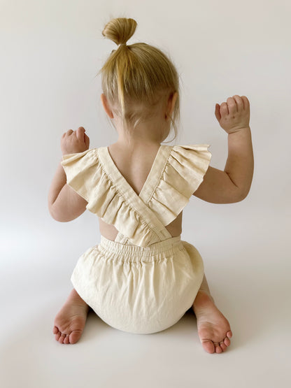 Linen Flutter Sleeve Bloomer Romper -  Vanilla